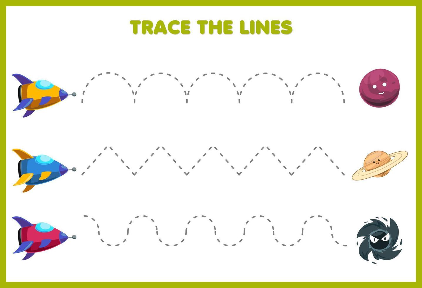 bildungsspiel für kinder handschriftübung verfolgen sie die linien bewegen niedlichen cartoon sonnensystem rakete planet schwarzes loch vektor