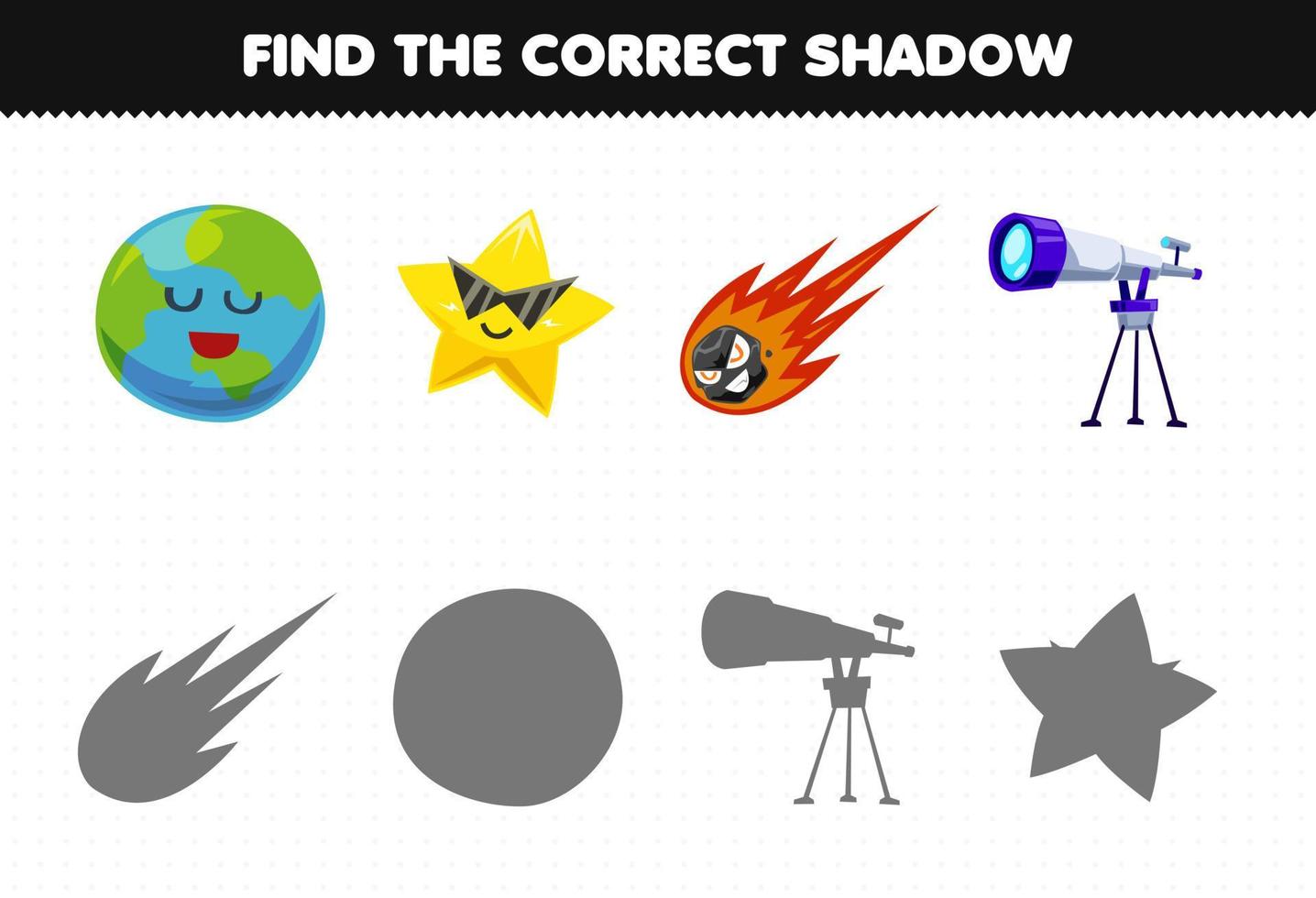 Bildungsspiel für Kinder Finden Sie den richtigen Schattensatz des niedlichen Cartoon-Sonnensystem-Erdplaneten-Stern-Kometen-Teleskops vektor