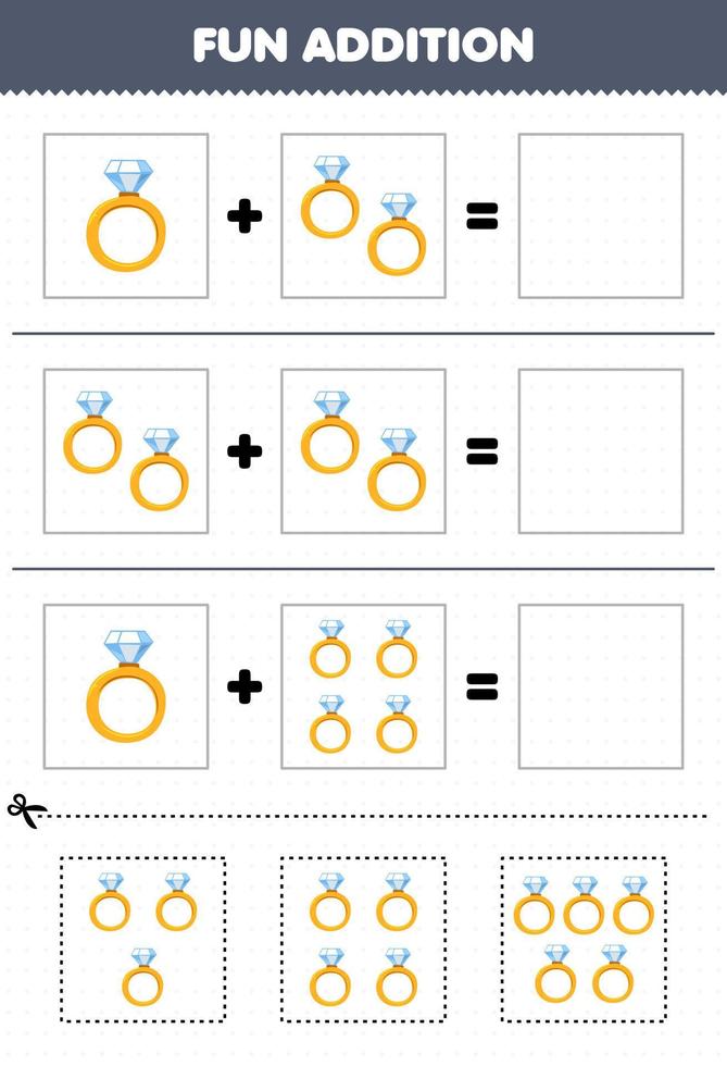 Bildungsspiel für Kinder Spaßzusatz durch Arbeitsblatt zum Schneiden und Anpassen von niedlichen Cartoons, tragbare Kleidung, Schmuck, Ringbilder vektor