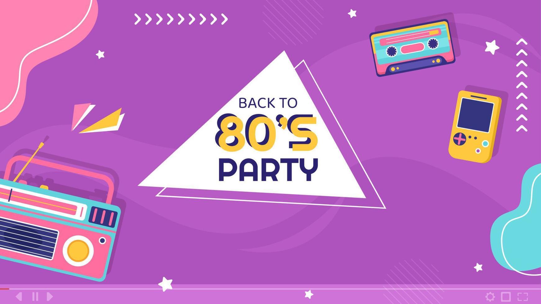 80er-Jahre-Party-Video-Thumbnail-Vorlage flache Cartoon-Hintergrund-Vektorillustration vektor
