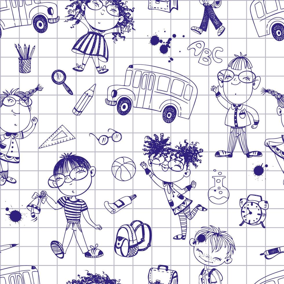 sömlösa mönster på ett skoltema med skolbarn och skoltillbehör. tillbaka till skolan. rita med en penna i en anteckningsbok. vektor