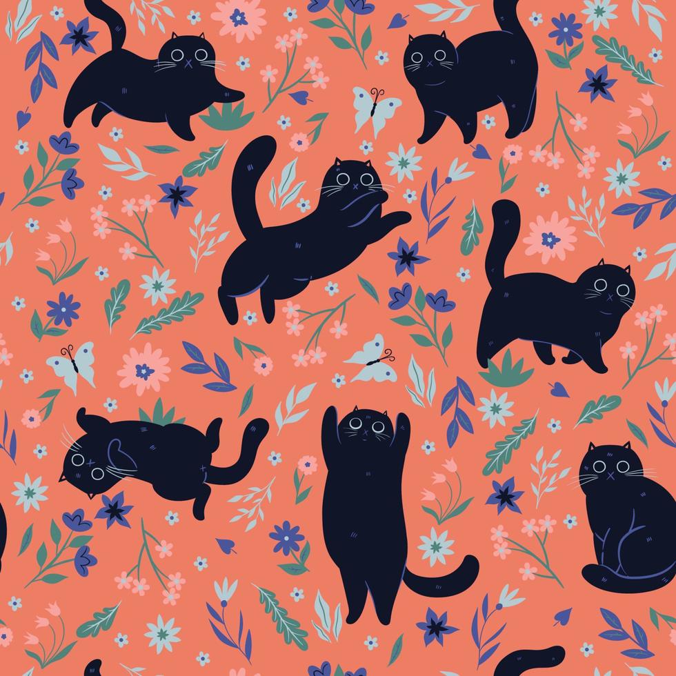 nahtloses Muster mit schwarzen Katzen und Blumen. Vektorgrafiken. vektor