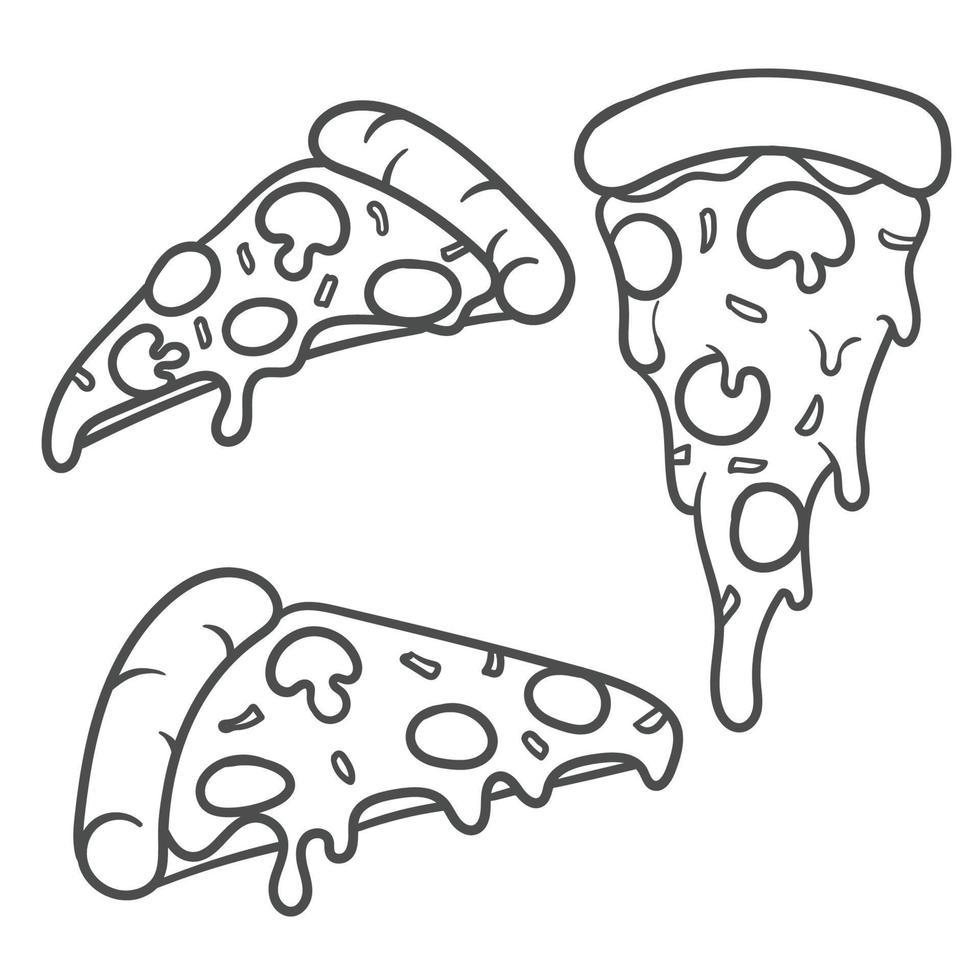 Vektor-Illustration. Pizzastück mit geschmolzenem Käse und Peperoni. handgezeichnetes Gekritzel. Cartoon-Skizze. dekoration für grußkarten, poster, embleme vektor