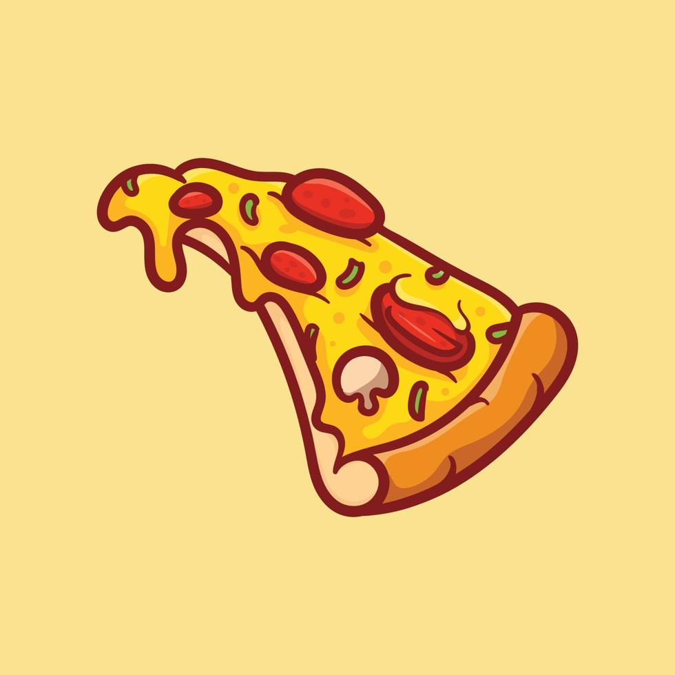 Vektorillustration eines köstlichen Stücks Peperoni-Pizza mit geschmolzenem Käse, handgezeichnet, Cartoon, flach, süß vektor