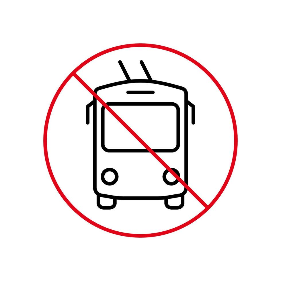 Trolleybus-Verbot schwarzes Liniensymbol. Oberleitungsbus verbotenes Umrisspiktogramm. Vorsicht Elektrotransport rotes Stoppkreissymbol. Trolleybus-Schild nicht zulassen. Oberleitungsbus verboten. Vektor-Illustration. vektor