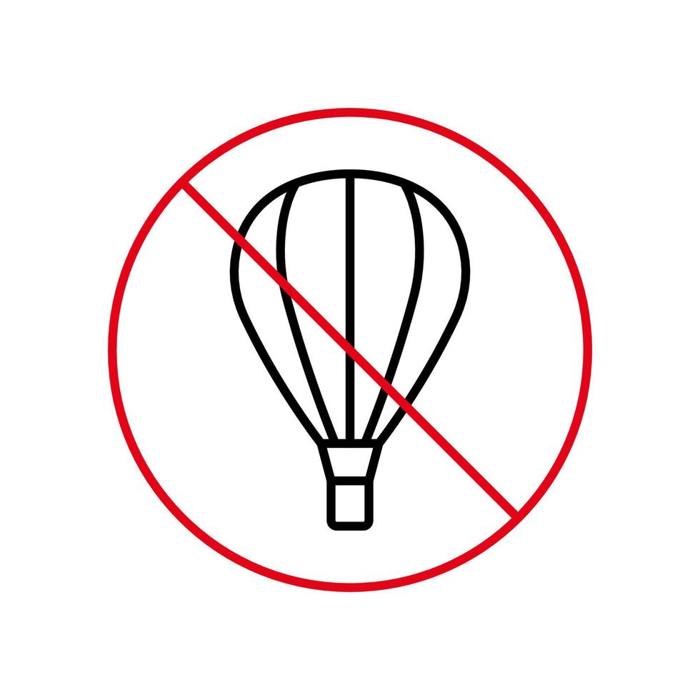 luftballong korg förbud svart linje ikon. varning varmluftsballong zon förbjud kontur piktogram. varning varmluftsballong förbjud stoppcirkelsymbol. ingen luftballongskylt. isolerade vektor illustration.