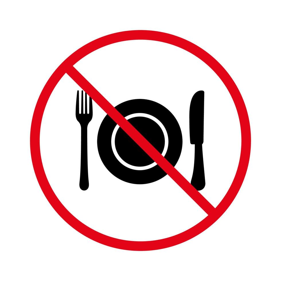 förbjud matskniv tallrik gaffel silver piktogram. förbjud restaurang bestick middag svart siluett ikon. skylt inte tillåt porslin. förbjud gaffel kniv platt stopp symbol. isolerade vektor illustration.