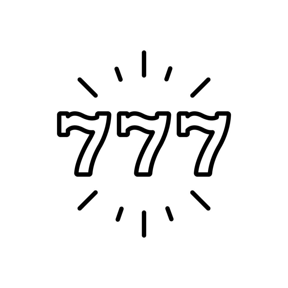 777 luck frukt maskin svart linje ikon. spela spel jackpot pengar. 777 spelautomat las vegas. casino lucky jackpot disposition piktogram. lotteri vinst platt symbol. isolerade vektor illustration.