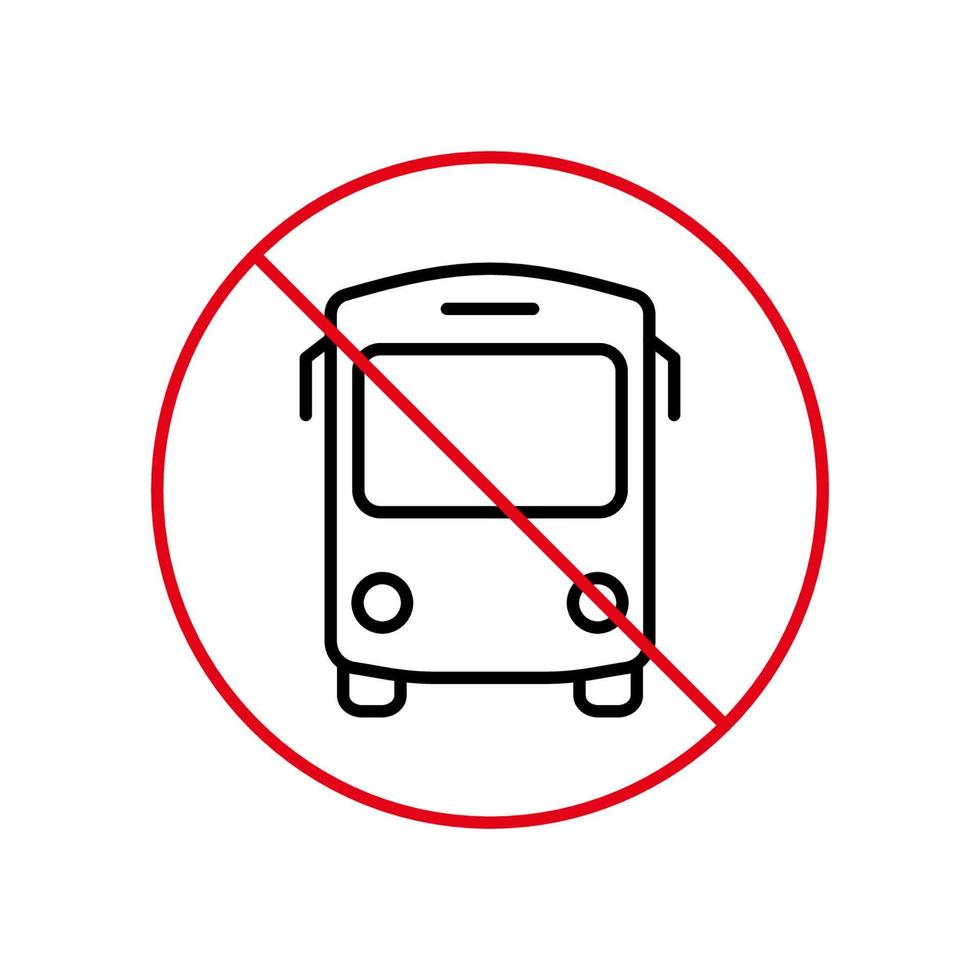 busstation förbud svart linje ikon. skolbuss förbjuden kontur piktogram. röd stoppcirkelsymbol. varning ingen stad kollektivtrafik vägskylt. resebuss förbjuden. isolerade vektor illustration.