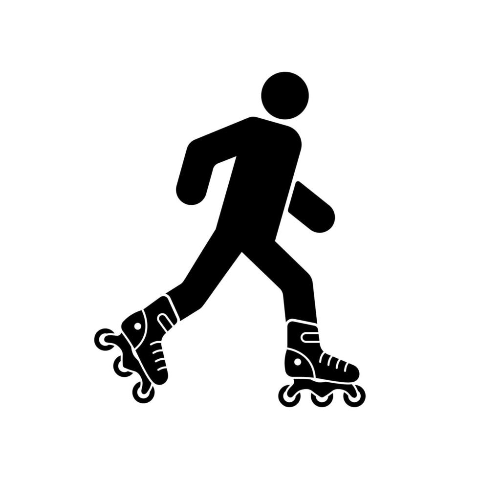 Rollschuh Person schwarze Silhouette Symbol. Mann Rollschuh-Bewegung Glyphe Piktogramm. Rollerblading in Radschuhen flaches Symbol. Männchen in Sportausrüstung. isolierte vektorillustration. vektor