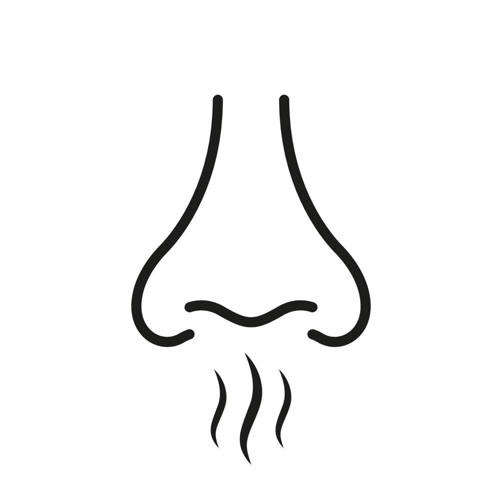 Nase Verlust Sinn Duft Geruch Zeichen auf weißem Hintergrund. Nasengeruchsschnüffel-Umriss-Piktogramm. Nase menschlicher Geruch schwarze Linie Symbol. schlechtes aroma luftatem flaches symbol. isolierte Vektorillustration. vektor