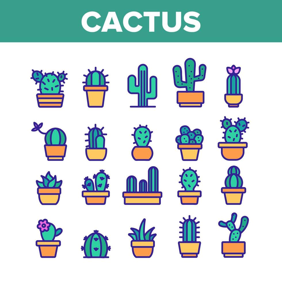 kaktus inhemska växt färg ikoner set vektor