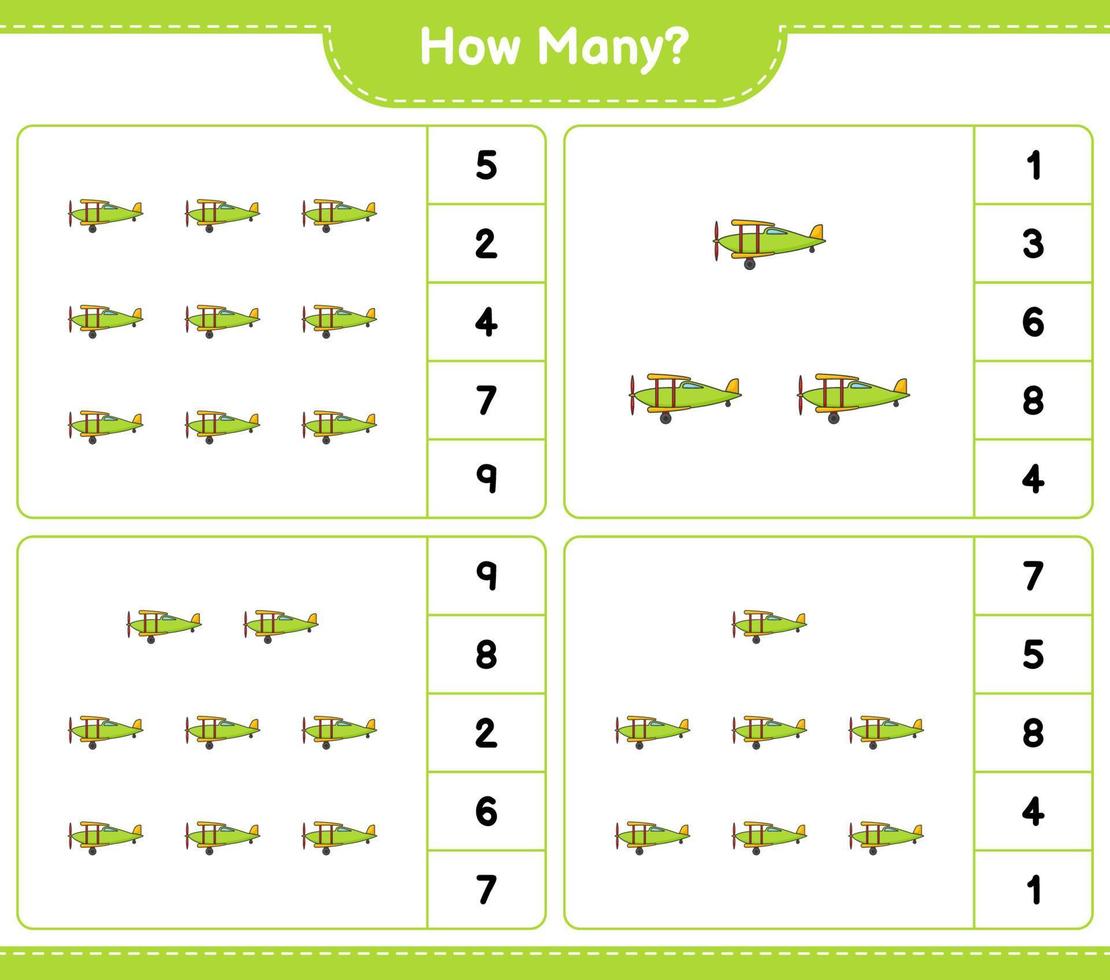 Zählspiel, wie viele Flugzeuge. pädagogisches kinderspiel, druckbares arbeitsblatt, vektorillustration vektor