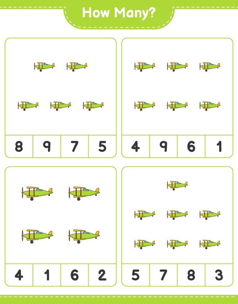 Zählspiel, wie viele Flugzeuge. pädagogisches kinderspiel, druckbares arbeitsblatt, vektorillustration vektor