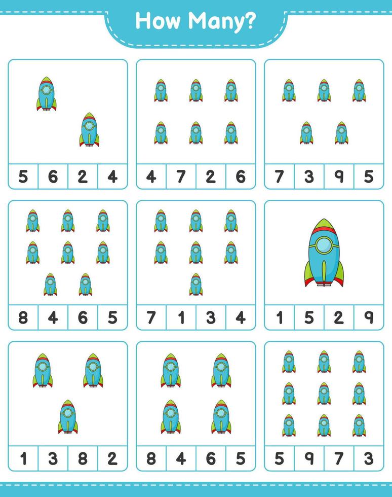 räkna spel, hur många raketer. pedagogiskt barnspel, utskrivbart kalkylblad, vektorillustration vektor