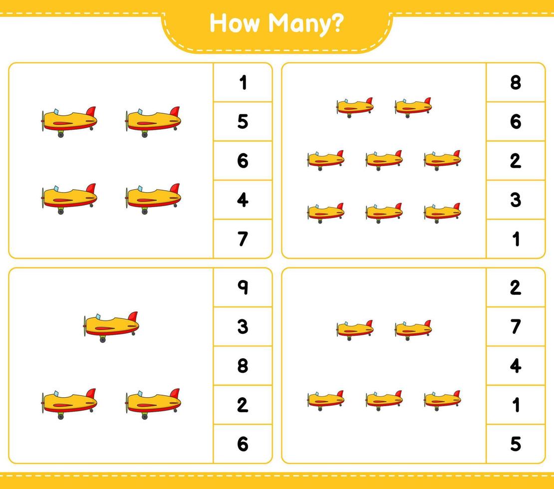 Zählspiel, wie viele Flugzeuge. pädagogisches kinderspiel, druckbares arbeitsblatt, vektorillustration vektor