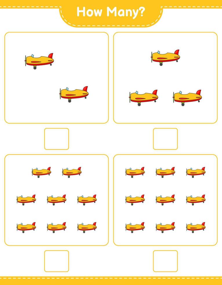 Zählspiel, wie viele Flugzeuge. pädagogisches kinderspiel, druckbares arbeitsblatt, vektorillustration vektor