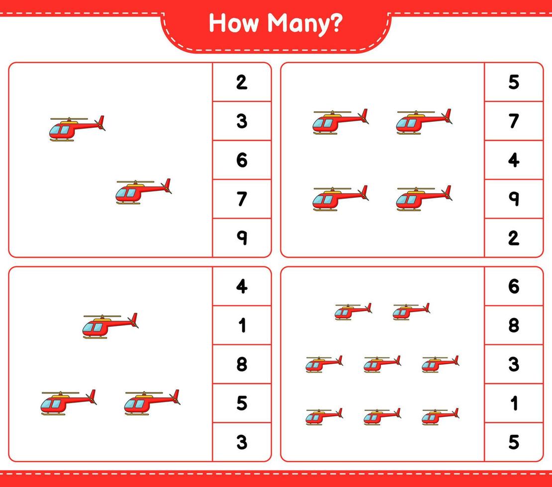 räkna spel, hur många helikoptrar. pedagogiskt barnspel, utskrivbart kalkylblad, vektorillustration vektor