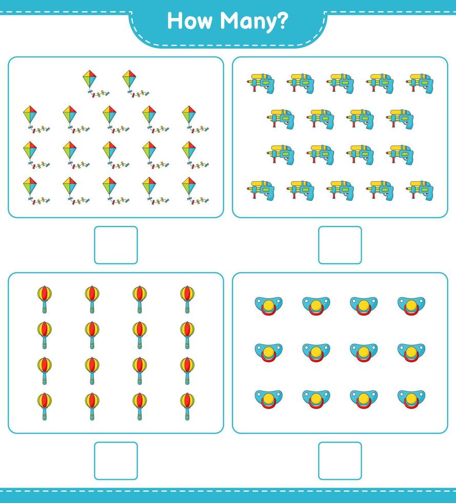 räknelek, hur många drake, vattenpistol, barnskallra och napp. pedagogiskt barnspel, utskrivbart kalkylblad, vektorillustration vektor