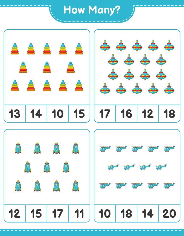 Zählspiel, wie viele Pyramidenspielzeug, Wirbelspielzeug, Rakete und Hubschrauber. pädagogisches kinderspiel, druckbares arbeitsblatt, vektorillustration vektor