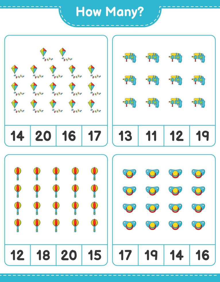 Zählspiel, wie viele Drachen, Wasserpistole, Babyrassel und Schnuller. pädagogisches kinderspiel, druckbares arbeitsblatt, vektorillustration vektor