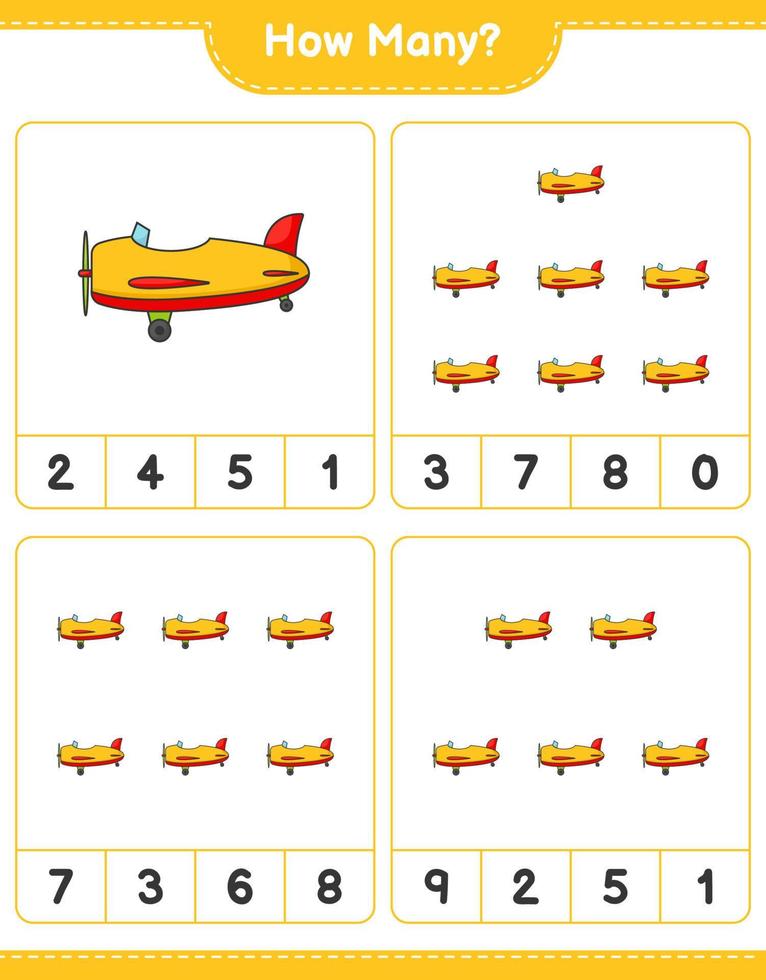Zählspiel, wie viele Flugzeuge. pädagogisches kinderspiel, druckbares arbeitsblatt, vektorillustration vektor