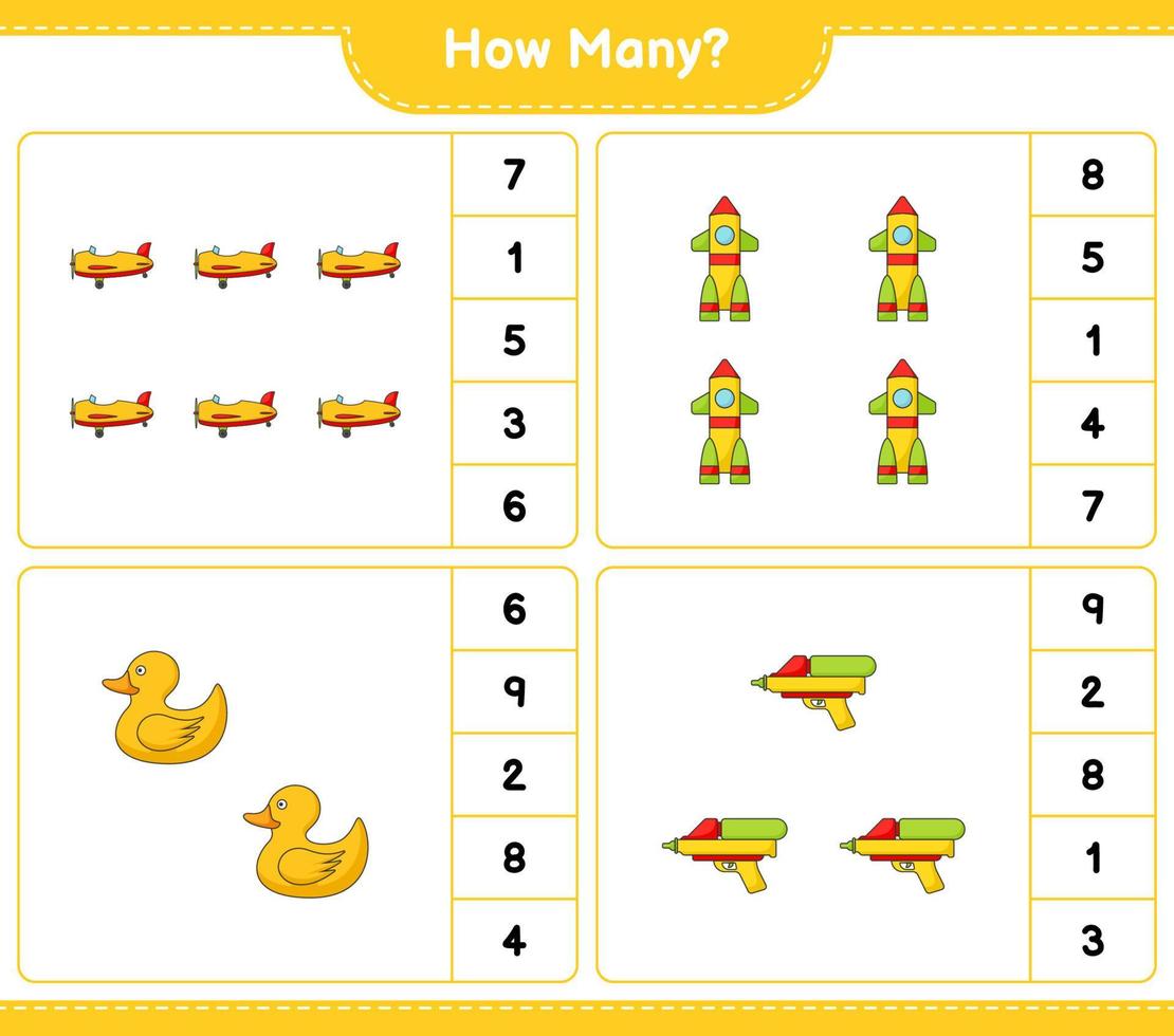 räkna spel, hur många flygplan, raket, gummianka och vattenpistol. pedagogiskt barnspel, utskrivbart kalkylblad, vektorillustration vektor