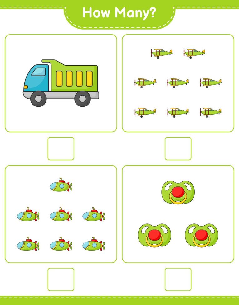 Zählspiel, wie viele LKW, Flugzeug, U-Boot und Schnuller. pädagogisches kinderspiel, druckbares arbeitsblatt, vektorillustration vektor