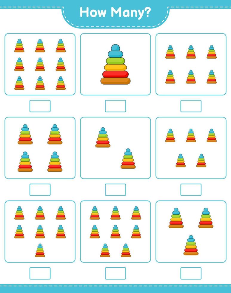 räkna spel, hur många pyramid leksak. pedagogiskt barnspel, utskrivbart kalkylblad, vektorillustration vektor