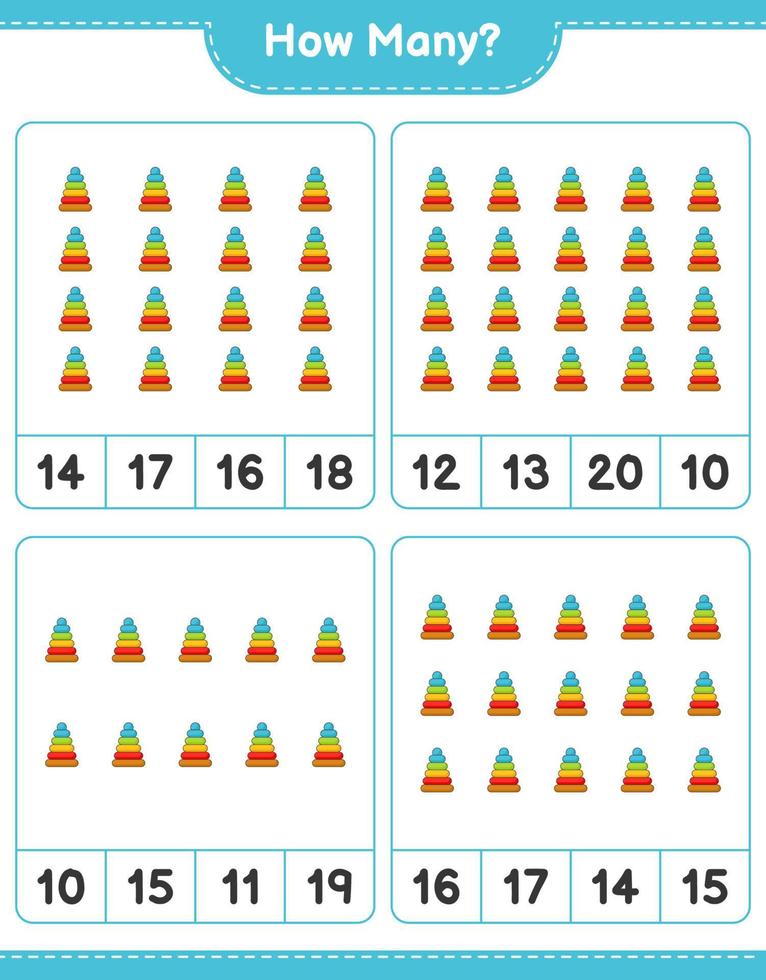 Zählspiel, wie viele Pyramidenspielzeug. pädagogisches kinderspiel, druckbares arbeitsblatt, vektorillustration vektor