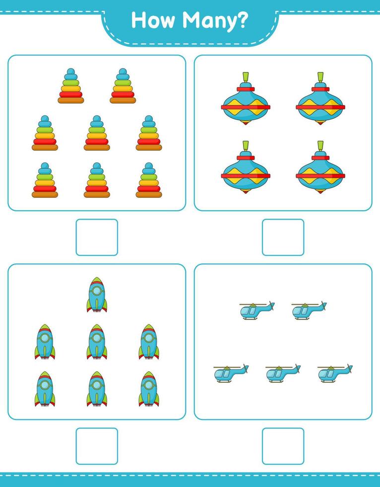 Zählspiel, wie viele Pyramidenspielzeug, Wirbelspielzeug, Rakete und Hubschrauber. pädagogisches kinderspiel, druckbares arbeitsblatt, vektorillustration vektor