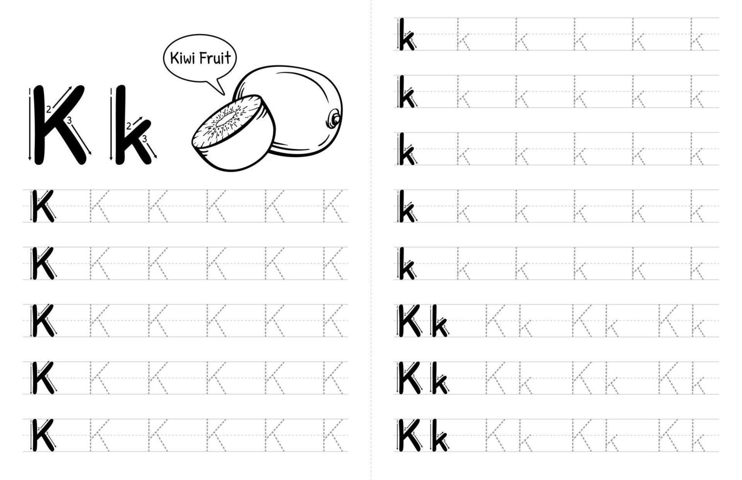 abc-alphabete, die buchinnenraum für kinder nachzeichnen. Kinder schreiben Arbeitsblatt mit Bild. Premium-Vektorelemente Buchstabe k. vektor