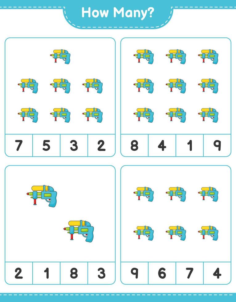 räkna spel, hur många vattenpistol. pedagogiskt barnspel, utskrivbart kalkylblad, vektorillustration vektor