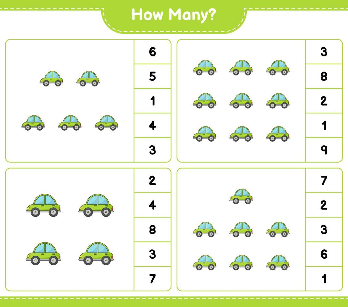 Zählspiel, wie viele Autos. pädagogisches kinderspiel, druckbares arbeitsblatt, vektorillustration vektor