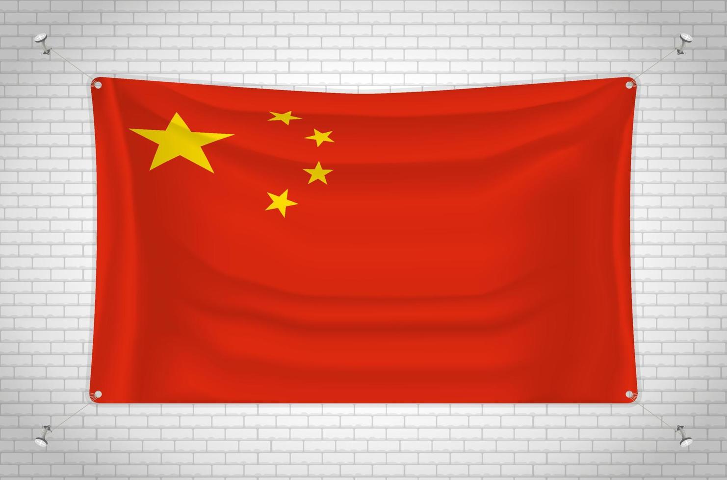 Kina flagga hängande på tegelvägg. 3d ritning. flagga fäst på väggen. rita snyggt i grupper på separata lager för enkel redigering. vektor