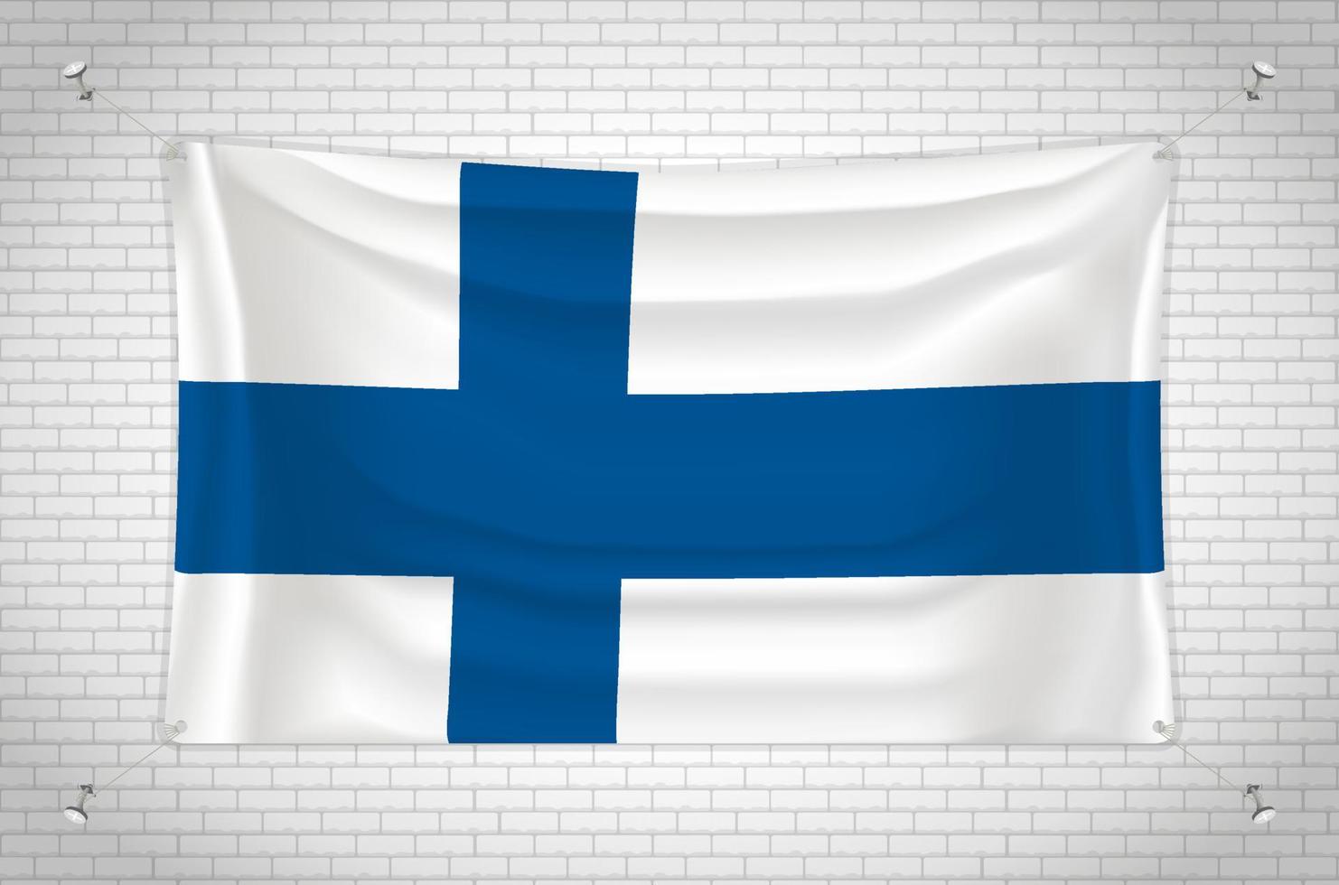 Finnland-Flagge hängt an der Ziegelwand. 3D-Zeichnung. Flagge an der Wand befestigt. Ordentliches Zeichnen in Gruppen auf separaten Ebenen für eine einfache Bearbeitung. vektor