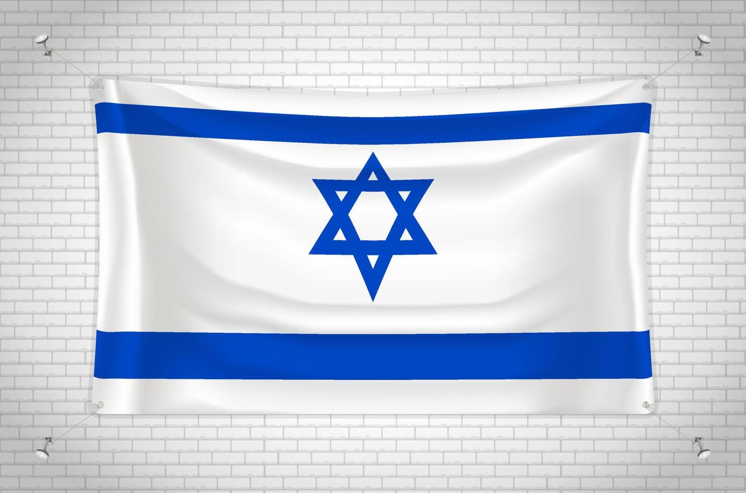 israel-flagge, die an der mauer hängt. 3D-Zeichnung. Flagge an der Wand befestigt. Ordentliches Zeichnen in Gruppen auf separaten Ebenen für eine einfache Bearbeitung. vektor