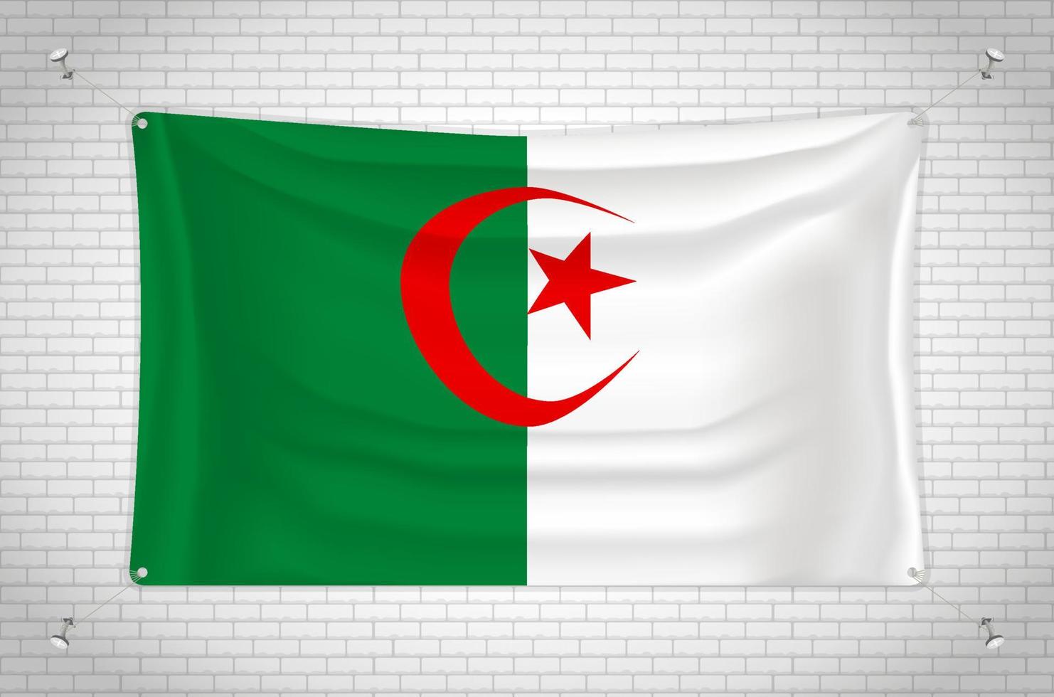 Algerien-Flagge hängt an der Ziegelwand. 3D-Zeichnung. Flagge an der Wand befestigt. Ordentliches Zeichnen in Gruppen auf separaten Ebenen für eine einfache Bearbeitung. vektor