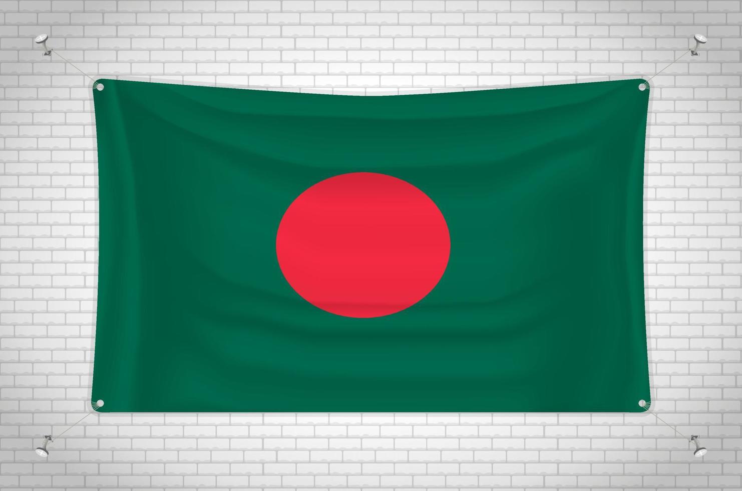 bangladesch-flagge, die an der mauer hängt. 3D-Zeichnung. Flagge an der Wand befestigt. Ordentliches Zeichnen in Gruppen auf separaten Ebenen für eine einfache Bearbeitung. vektor