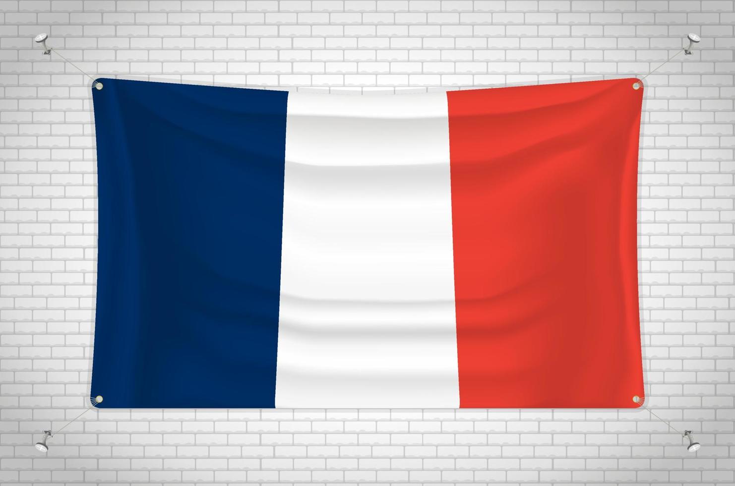 Frankreich-Flagge hängt an der Ziegelwand. 3D-Zeichnung. Fahne an der Wand befestigt. Ordentliches Zeichnen in Gruppen auf separaten Ebenen für eine einfache Bearbeitung. vektor