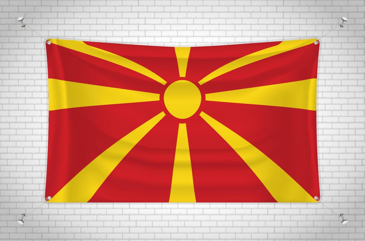 makedonien flagga hängande på tegelvägg. 3d ritning. flagga fäst på väggen. rita snyggt i grupper på separata lager för enkel redigering. vektor