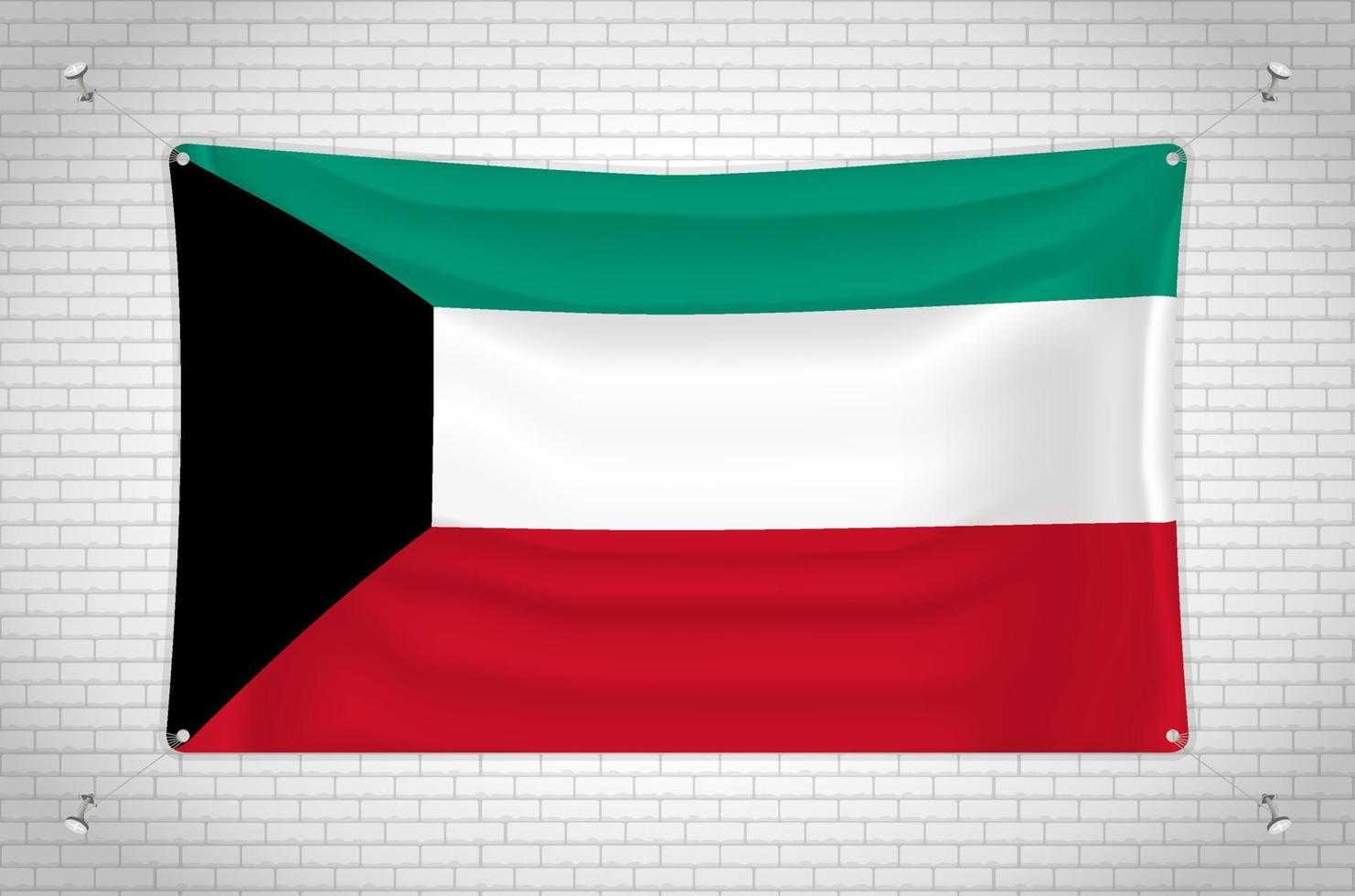 kuwait-flagge, die an der mauer hängt. 3D-Zeichnung. Flagge an der Wand befestigt. Ordentliches Zeichnen in Gruppen auf separaten Ebenen für eine einfache Bearbeitung. vektor