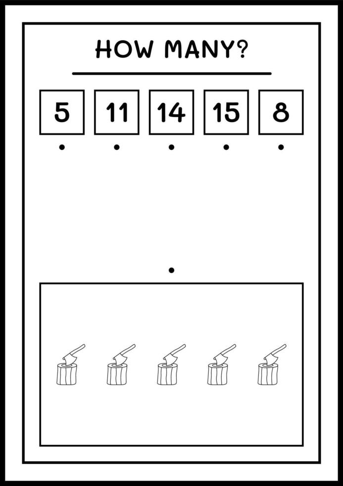 hur många stubbe med yxa, spel för barn. vektor illustration, utskrivbart kalkylblad