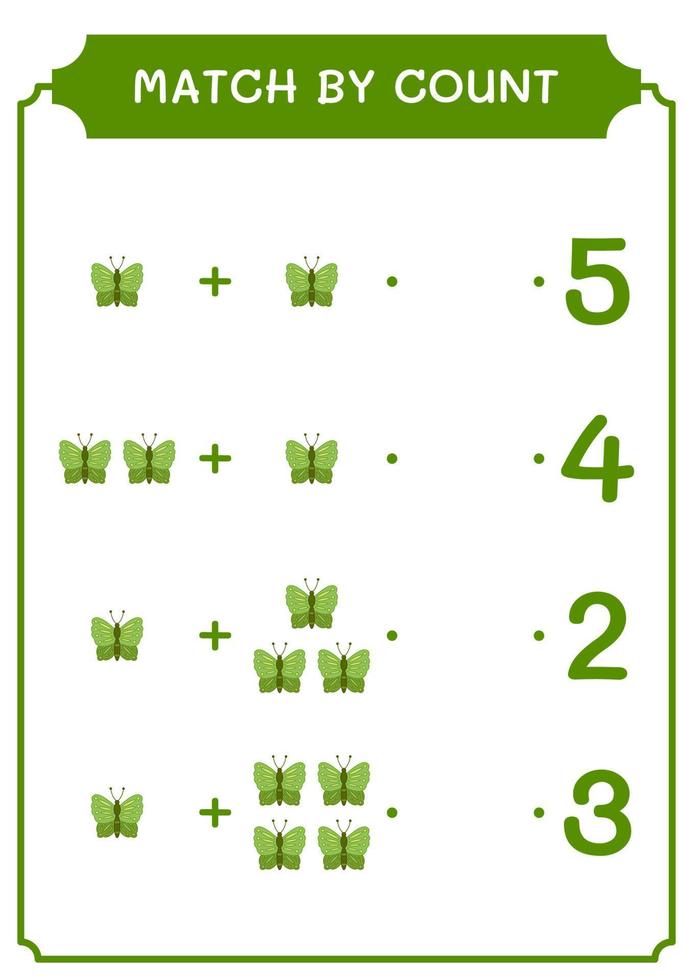 Übereinstimmung durch Zählung des Schmetterlings, Spiel für Kinder. Vektorillustration, druckbares Arbeitsblatt vektor