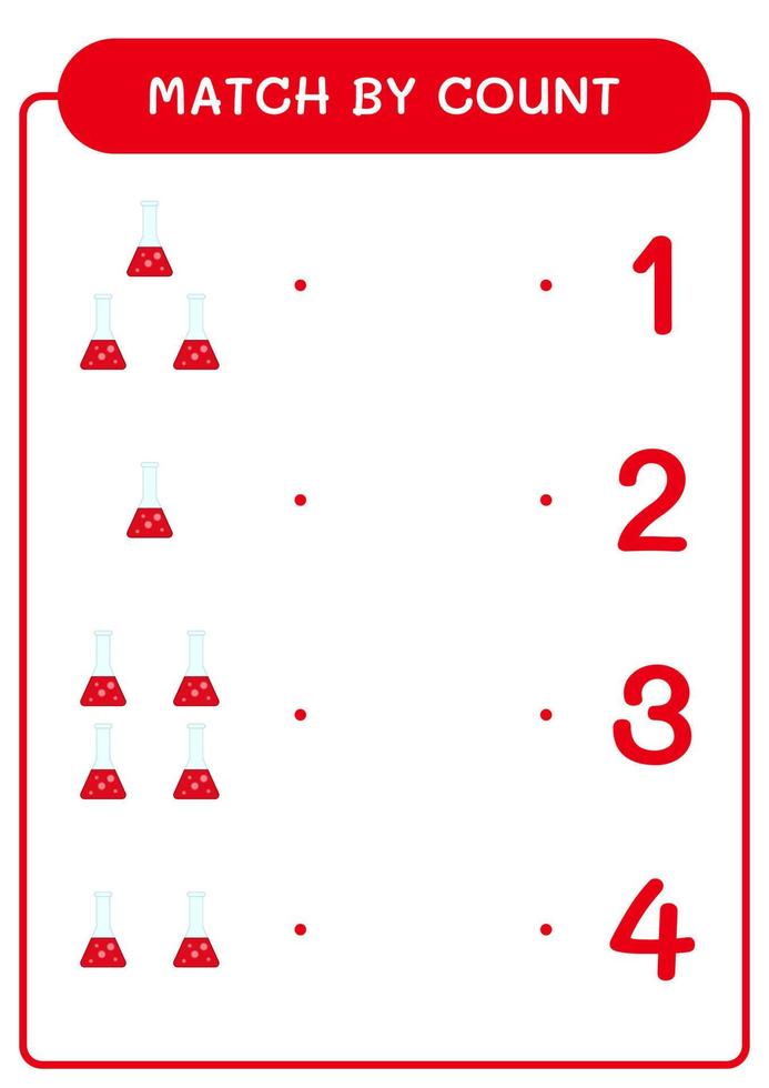 Übereinstimmung durch Zählung des Chemiekolbens, Spiel für Kinder. Vektorillustration, druckbares Arbeitsblatt vektor