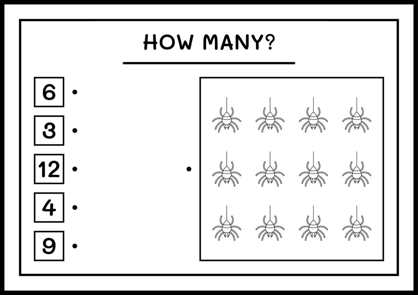 hur många spindel, spel för barn. vektor illustration, utskrivbart kalkylblad
