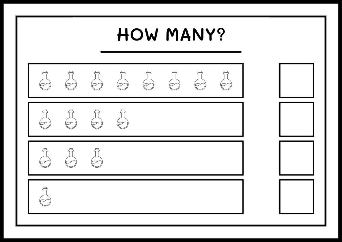 hur många potion flaska, spel för barn. vektor illustration, utskrivbart kalkylblad