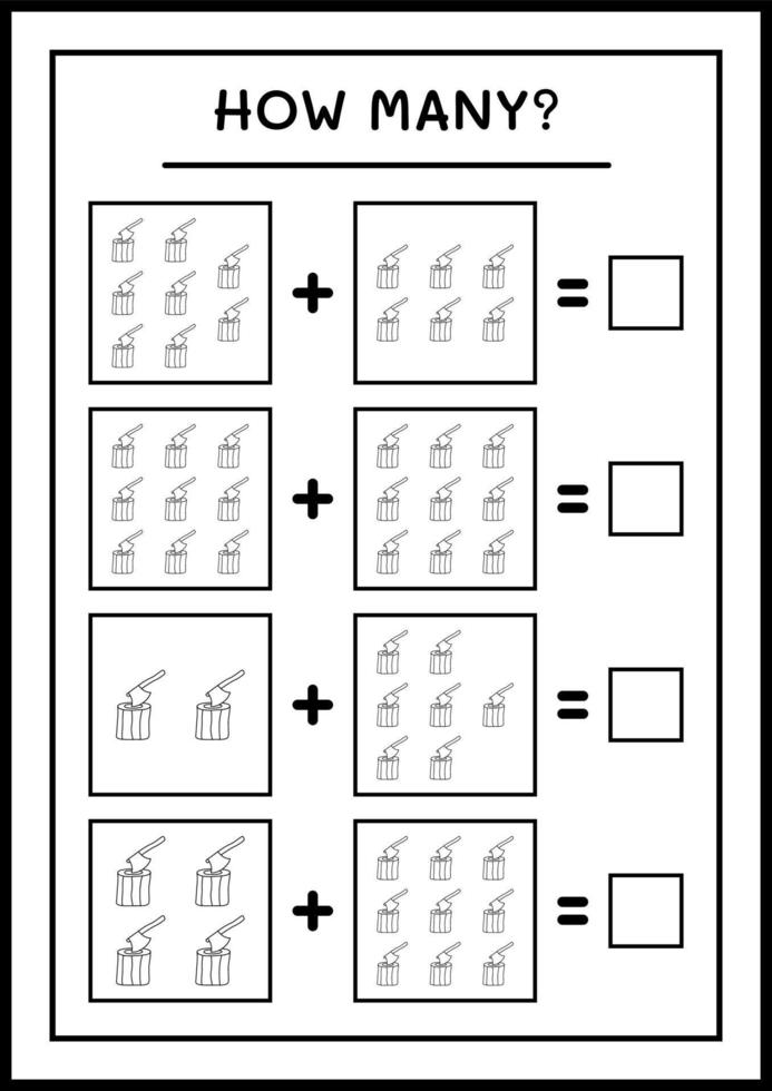 hur många stubbe med yxa, spel för barn. vektor illustration, utskrivbart kalkylblad