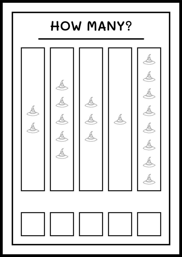 Wie viele Hexenhut, Spiel für Kinder. Vektorillustration, druckbares Arbeitsblatt vektor