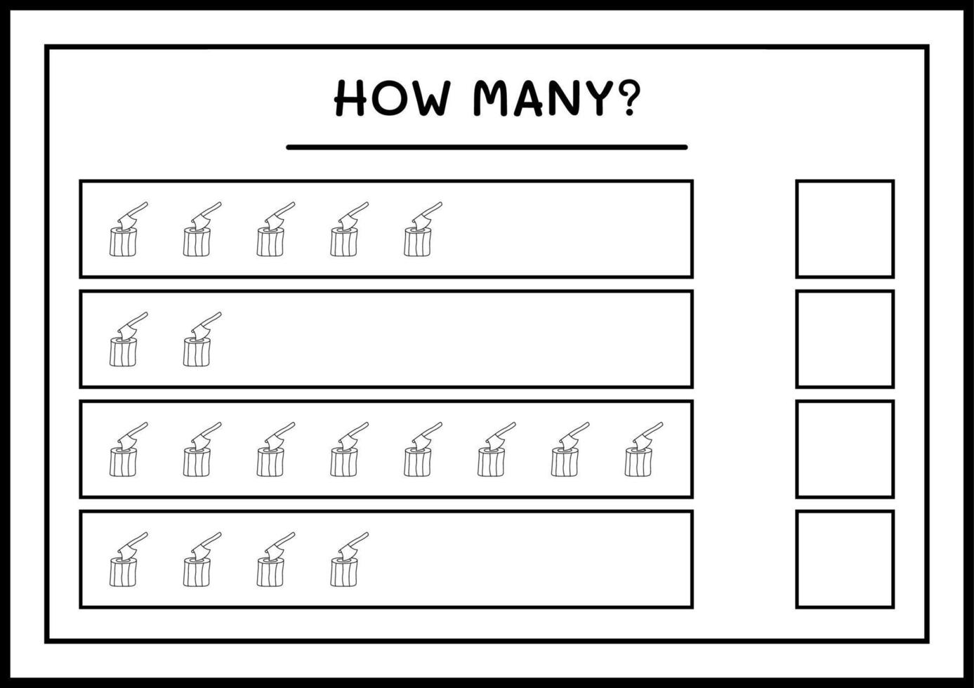 hur många stubbe med yxa, spel för barn. vektor illustration, utskrivbart kalkylblad